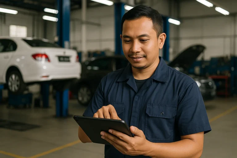Mekanik bengkel kereta Malaysia menggunakan tablet untuk mengurus tempahan pelanggan dengan sistem pengurusan digital.