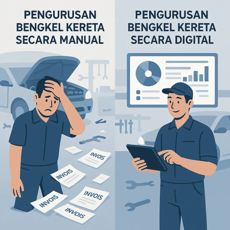 Perbandingan antara pengurusan bengkel kereta secara manual dan digital menggunakan sistem, menunjukkan perbezaan dalam pengurusan operasi.