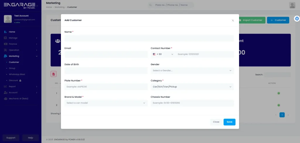 Paparan dashboard ENGARAGE CRM menunjukkan borang ‘Tambah Pelanggan’ dengan medan seperti nama, nombor telefon, nombor plat kereta, dan model kenderaan — direka untuk penjejakan pelanggan secara peribadi