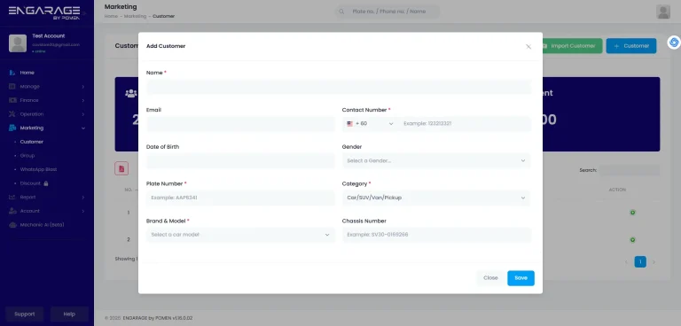 Paparan dashboard ENGARAGE CRM menunjukkan borang ‘Tambah Pelanggan’ dengan medan seperti nama, nombor telefon, nombor plat kereta, dan model kenderaan — direka untuk penjejakan pelanggan secara peribadi