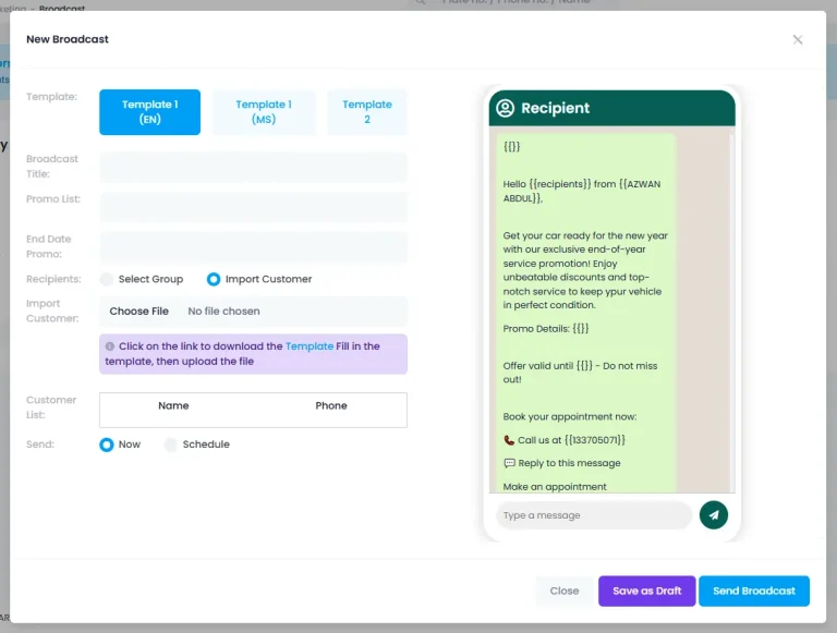 ENGARAGE CRM broadcast feature combining template selection, imported customer list, and a real-time preview of WhatsApp marketing message.
