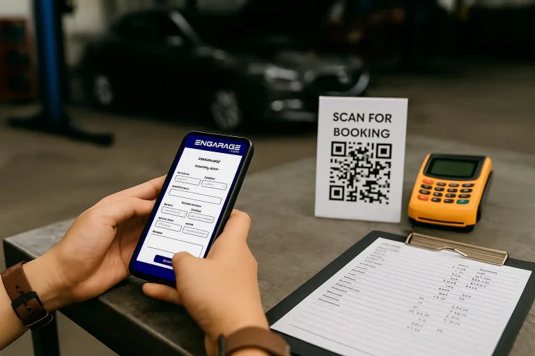 ENGARAGE digital booking form on smartphone in car workshop – customer scanning QR code labeled 'Scan for Booking' to schedule automotive service.
