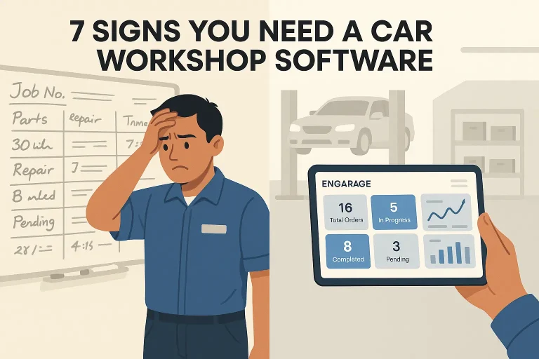 A split-screen illustration showing a stressed Malaysian mechanic in front of a messy whiteboard with handwritten notes on the left, and a clean workshop with a tablet displaying the ENGARAGE dashboard on the right. Title reads “7 Signs You Need a Car Workshop Software.”