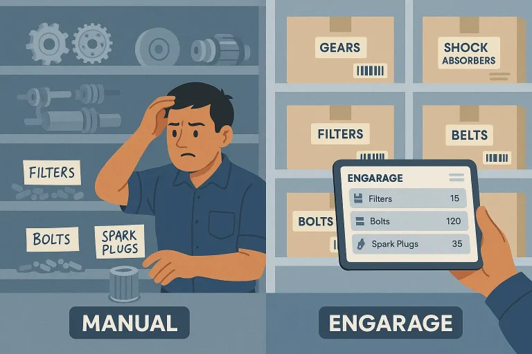Side-by-side comparison of a cluttered car parts shelf labeled “Manual” with a confused mechanic on the left, and an organized shelf with labeled boxes and a tablet showing ENGARAGE inventory on the right. Blue-grey color scheme.