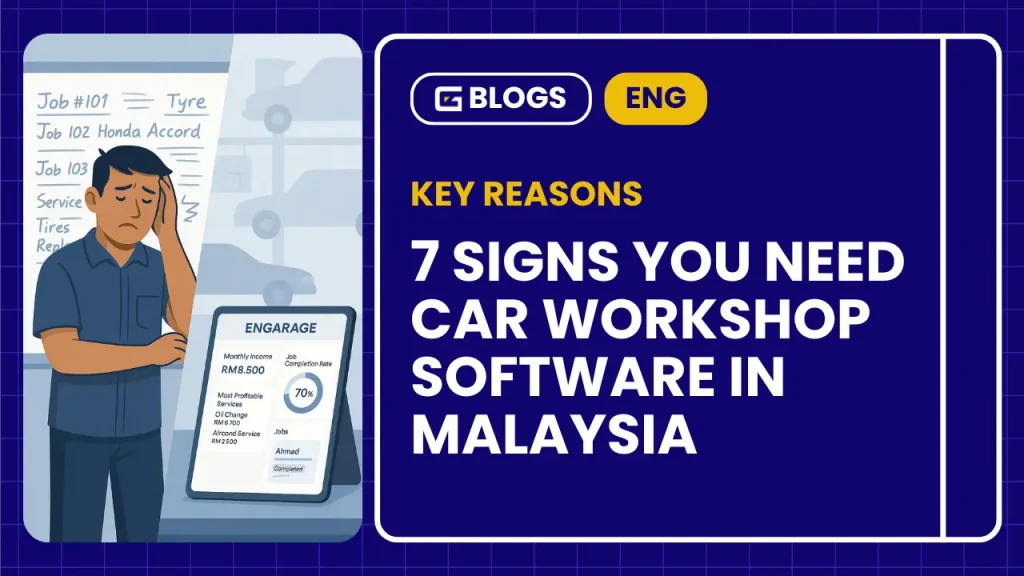 A blog thumbnail titled “7 Signs You Need Car Workshop Software in Malaysia.” The left side shows a stressed mechanic in front of a messy whiteboard, next to a digital dashboard labeled “ENGARAGE.” The right side features bold white text on a blue background with tags “BLOGS” and “ENG.”