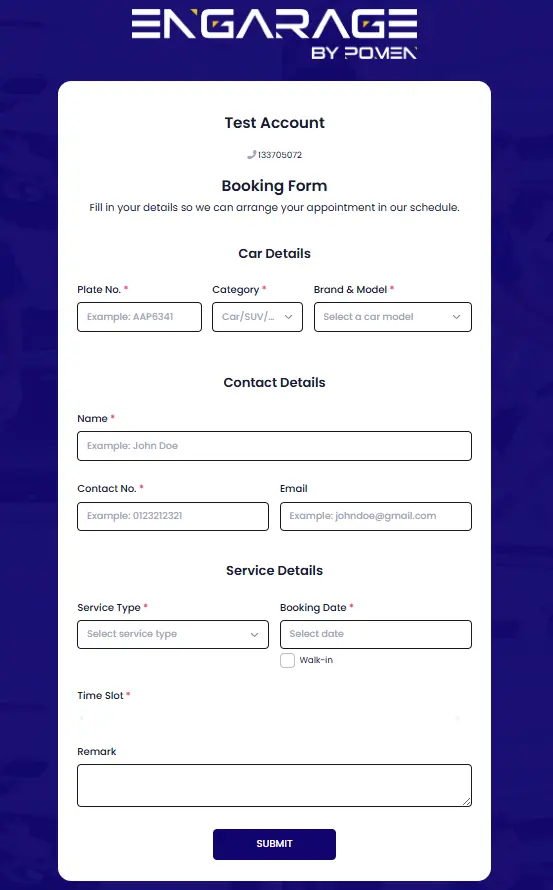 ENGARAGE online car workshop booking form – digital appointment form for vehicle service with fields for plate number, car model, customer contact, service type, and booking date