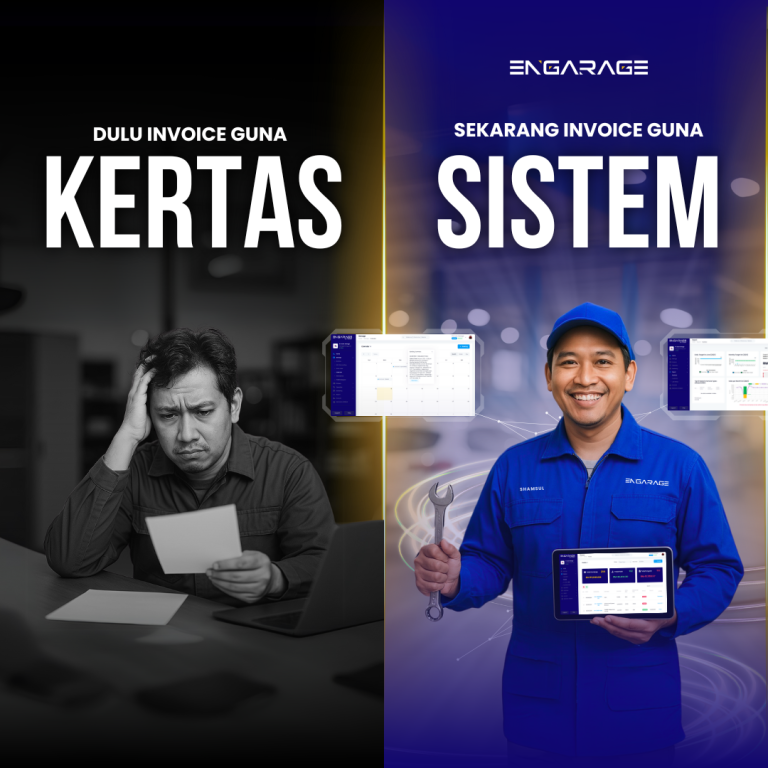 Perbandingan invoice untuk bengkel kereta antara cara manual guna kertas dan sistem digital ENGARAGE yang lebih mudah dan profesional.