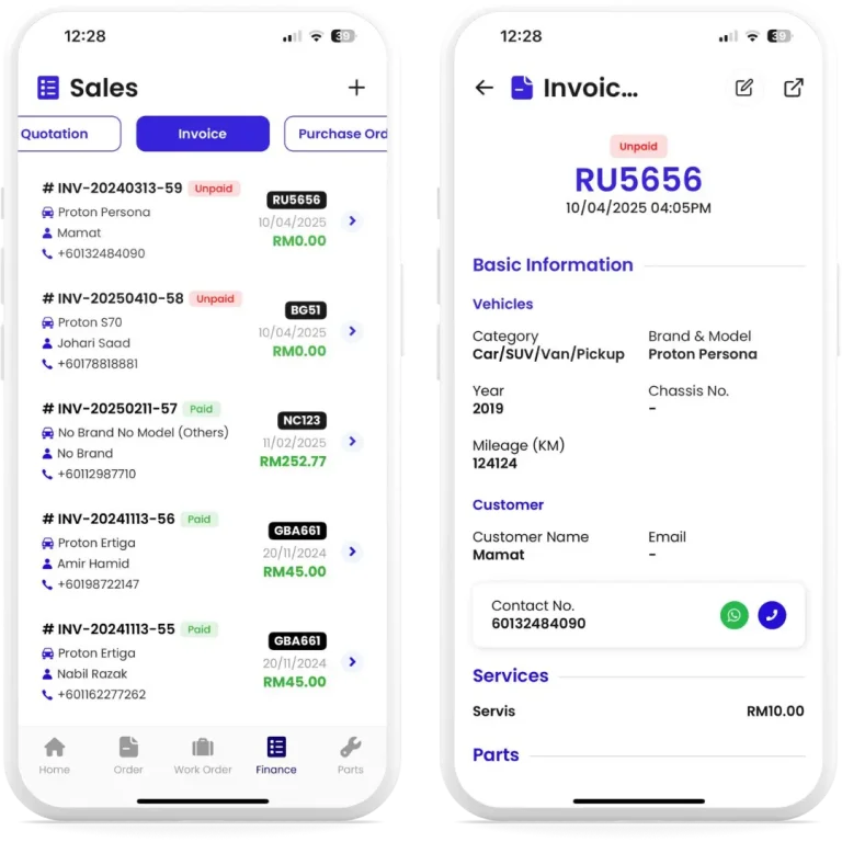 Paparan aplikasi ENGARAGE menunjukkan sistem invoice untuk bengkel kereta dengan status bayaran Paid dan Unpaid untuk pelanggan.