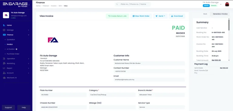 Paparan sistem ENGARAGE yang menunjukkan contoh digital invoice untuk bengkel kereta dengan maklumat pelanggan, maklumat kenderaan, jumlah bayaran, dan status pembayaran melalui QR Pay.