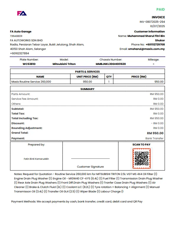 Contoh invoice untuk bengkel kereta dalam sistem ENGARAGE menunjukkan servis rutin Mitsubishi Triton dengan butiran harga, maklumat pelanggan, dan kaedah pembayaran digital melalui QR code.