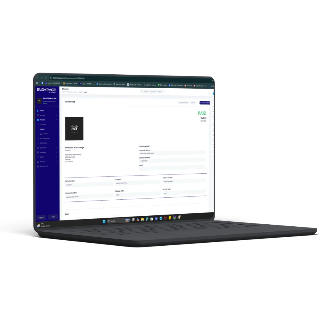Mockup of e-invoice of ENGARAGE features